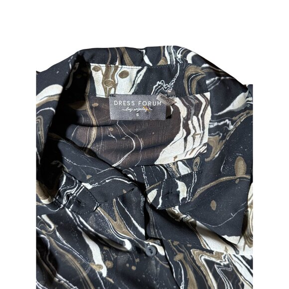 NEW Dress Forum Blouse S Long Sleeve Black Beige Print Dressy Sheer Button Up - Picture 8 of 12